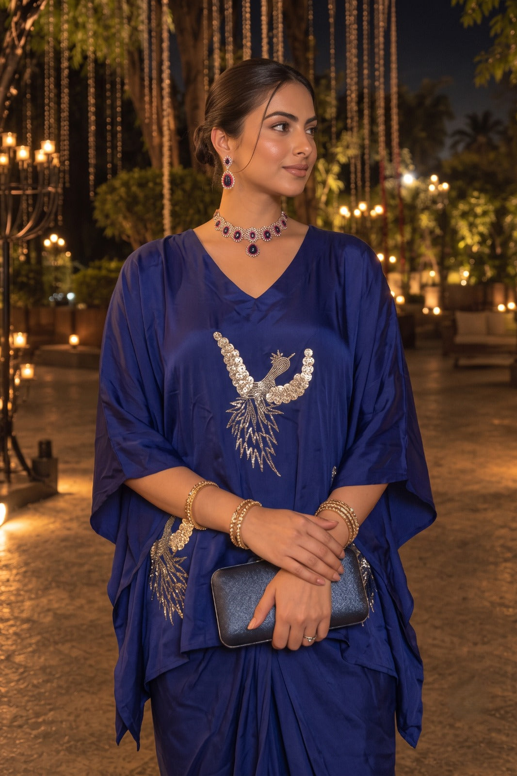 Deep Blue Embellished Crepe Satin Silk Skirt Set