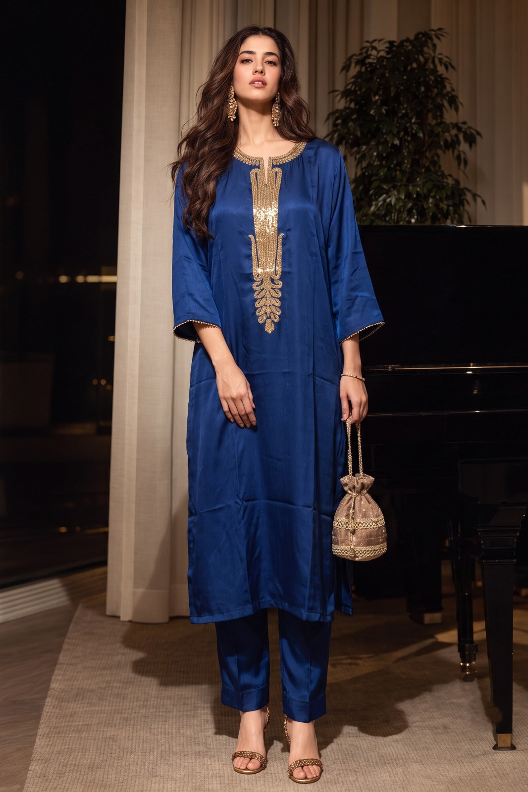 Rich Blue Embellished Crepe Satin Silk Palazzo Set