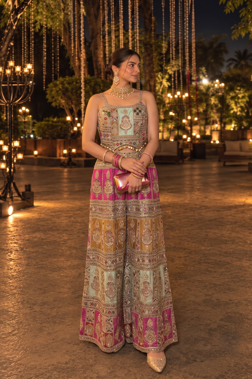 Multi-colored Embellished Crepe Silk Jumpsuit