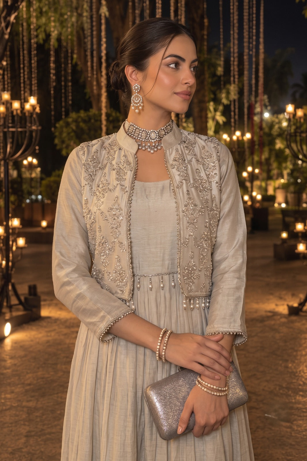 Silver-Grey Embellished Shimmer Silk Anarkali Set