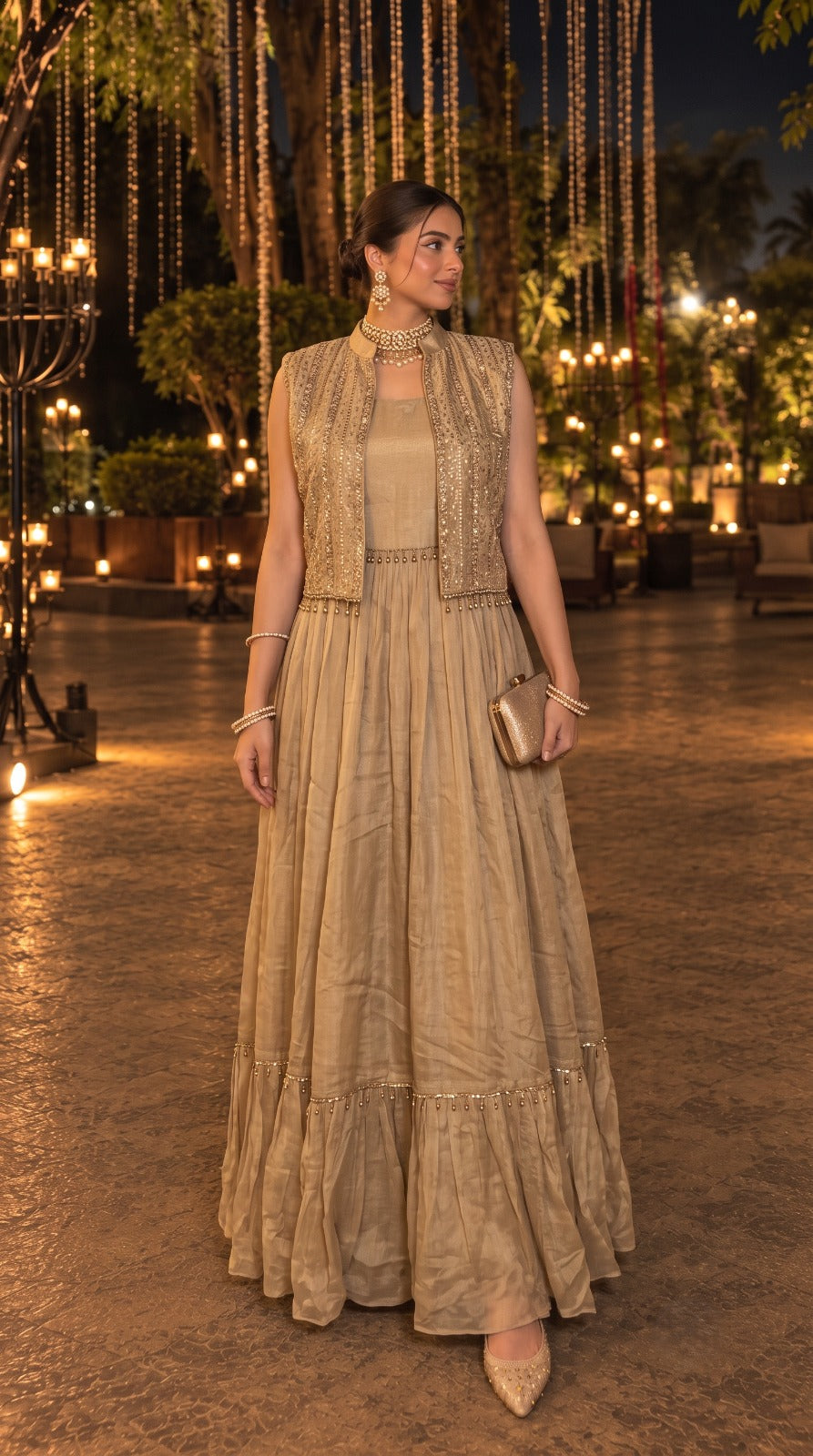Metallic Gold Embellished Shimmer Silk Anarkali Set