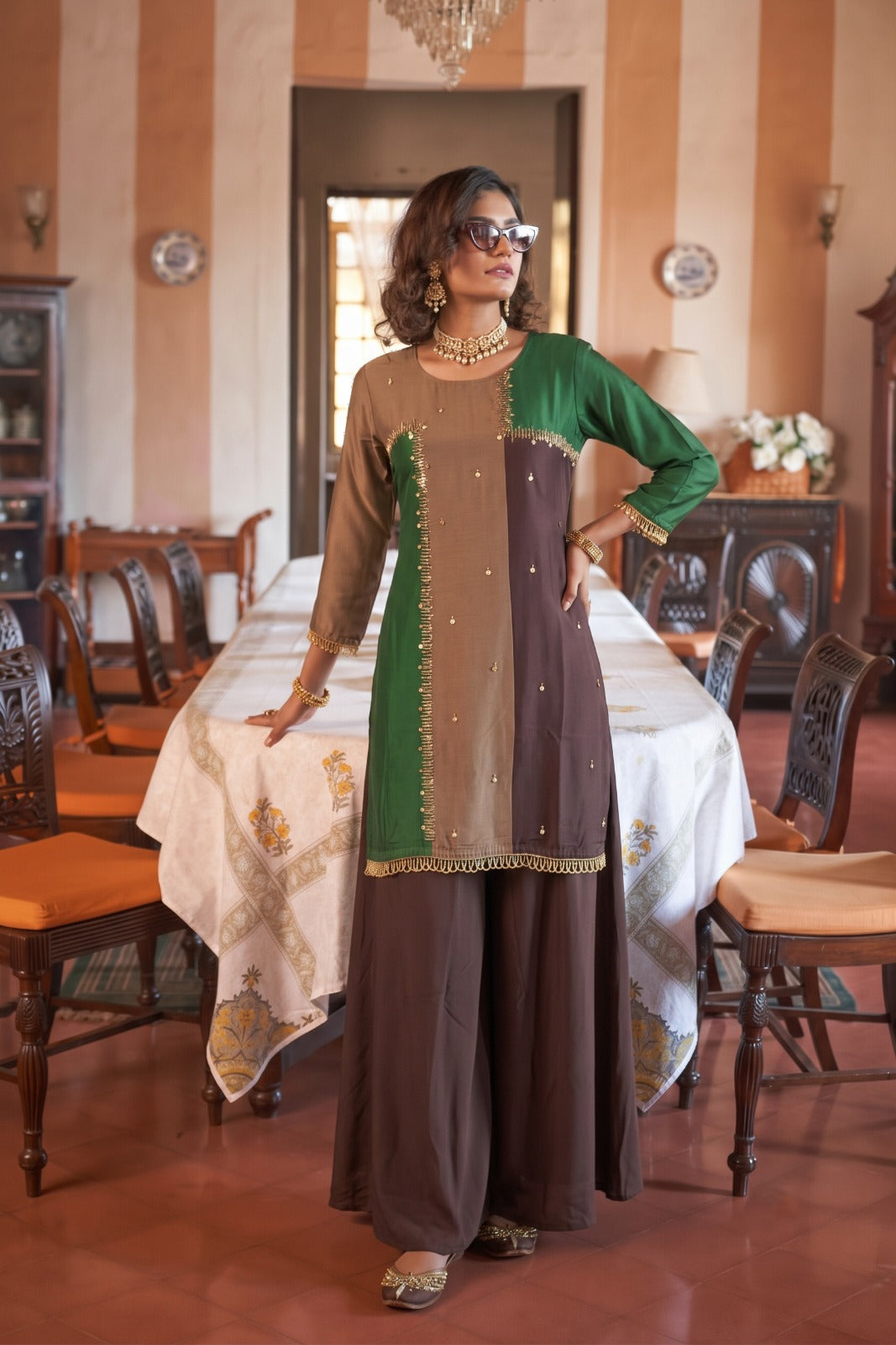 Multi-color Green Embellished Silk Palazzo Set