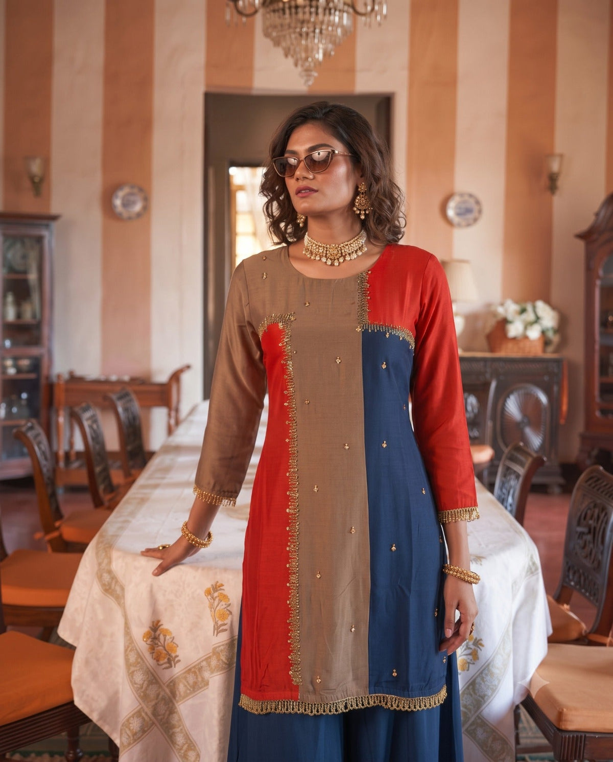 Multi-color Deep Blue Embellished Silk Palazzo Set