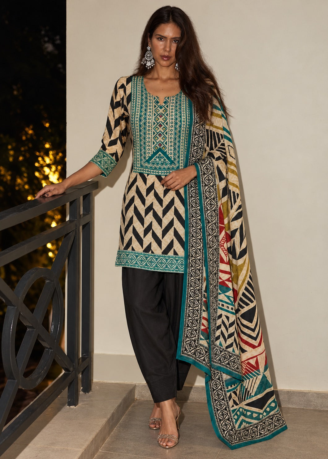 Black Geometric Chevron Pure Crepe Salwar Set