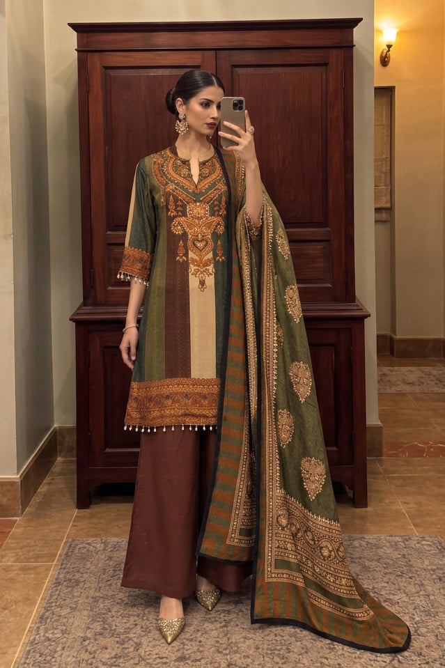 Olive Green Printed Crepe Silk Palazzo Set