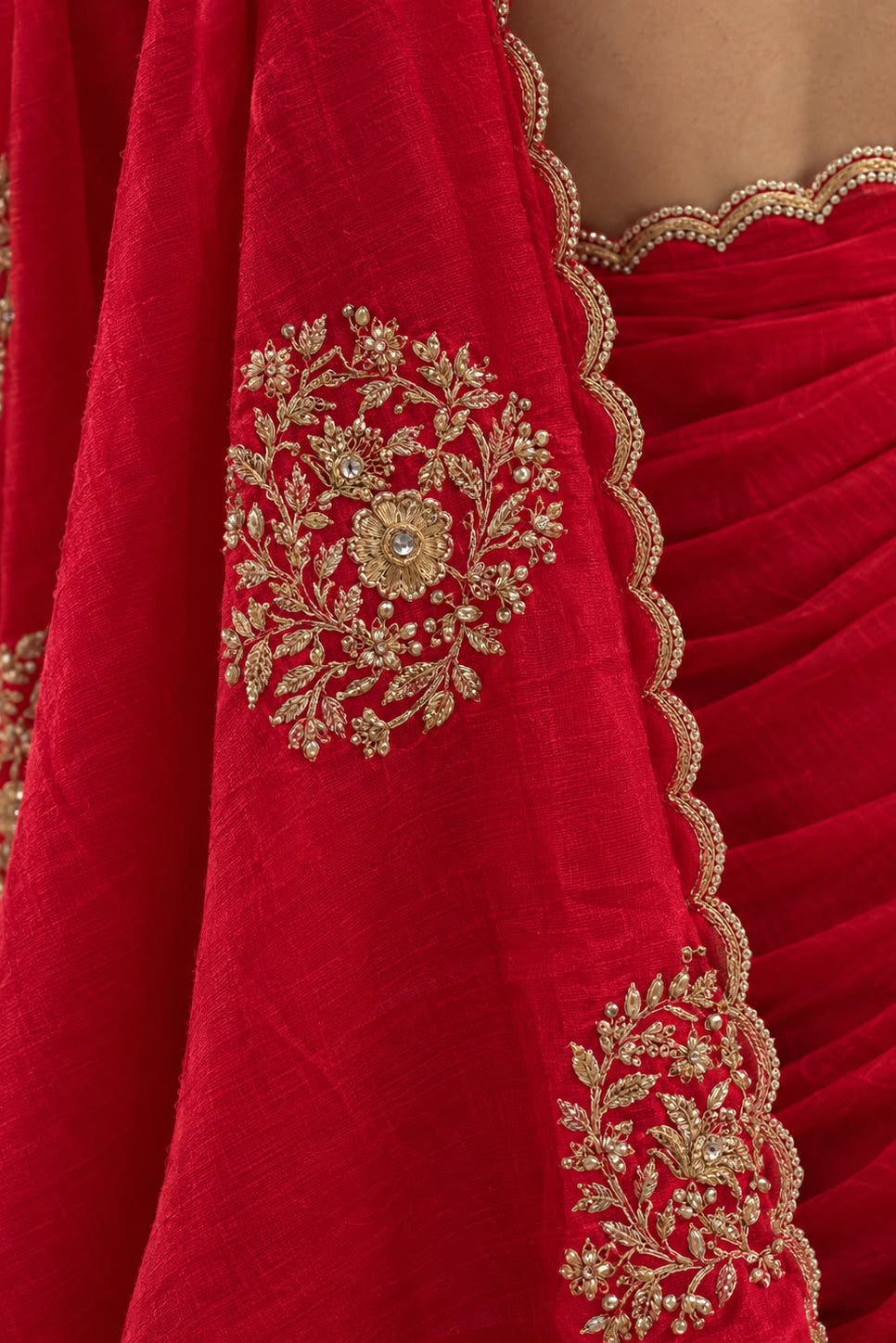 Rich Crimson Embroidered Crepe Silk Saree