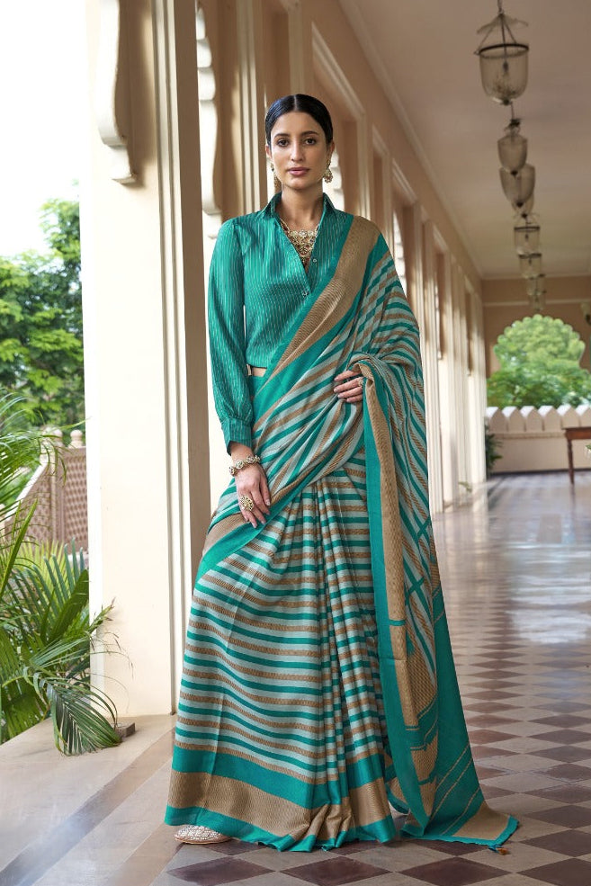 Peacock Turqoise Printed Crepe Silk Saree