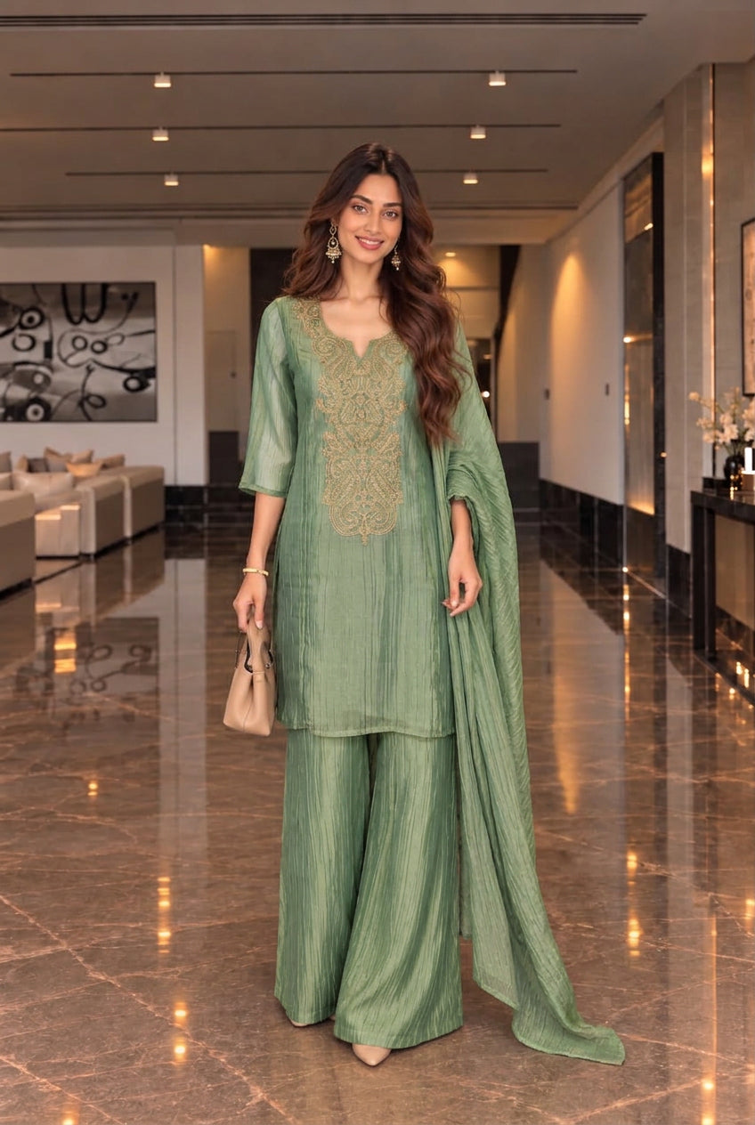 Sage Green Embellished Tissue Silk Palazzo Set