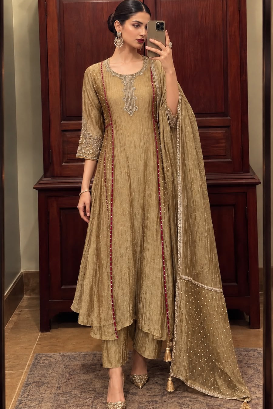 Metallic Golden Embellished Shimmer Crushed Silk Anarkali Set