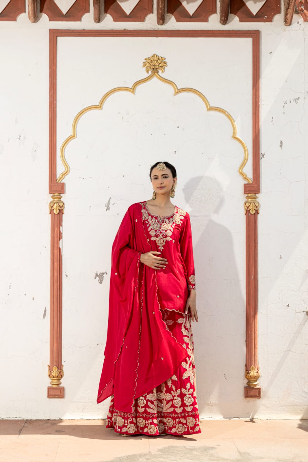 Crimson Red Embellished Chinon Silk Palazzo Set