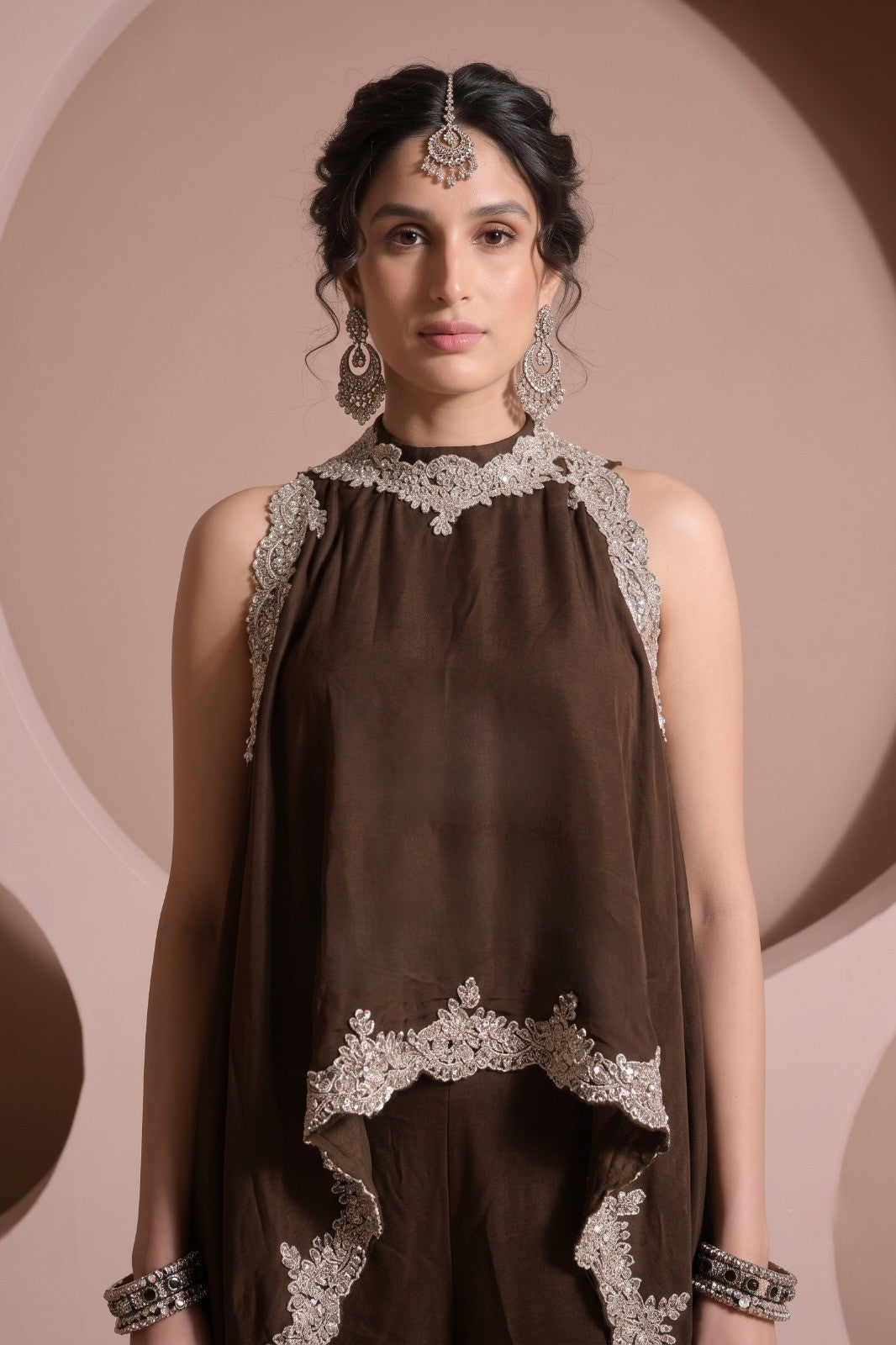 Chocolate Brown Embellished Chinon Silk Palazzo Set