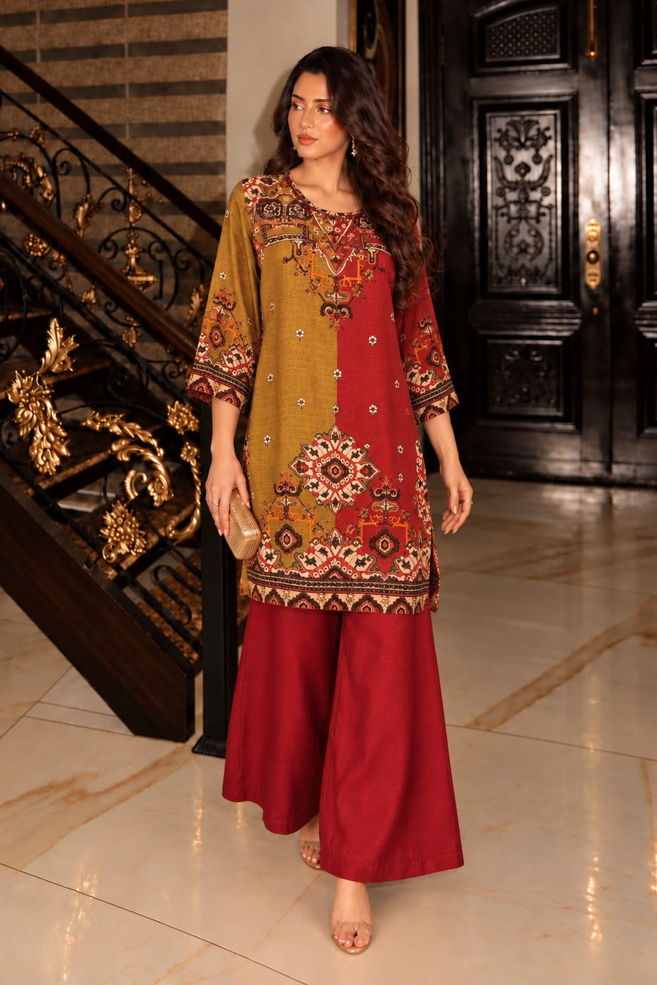 Brick Red Printed Crepe Silk Co-ord Set