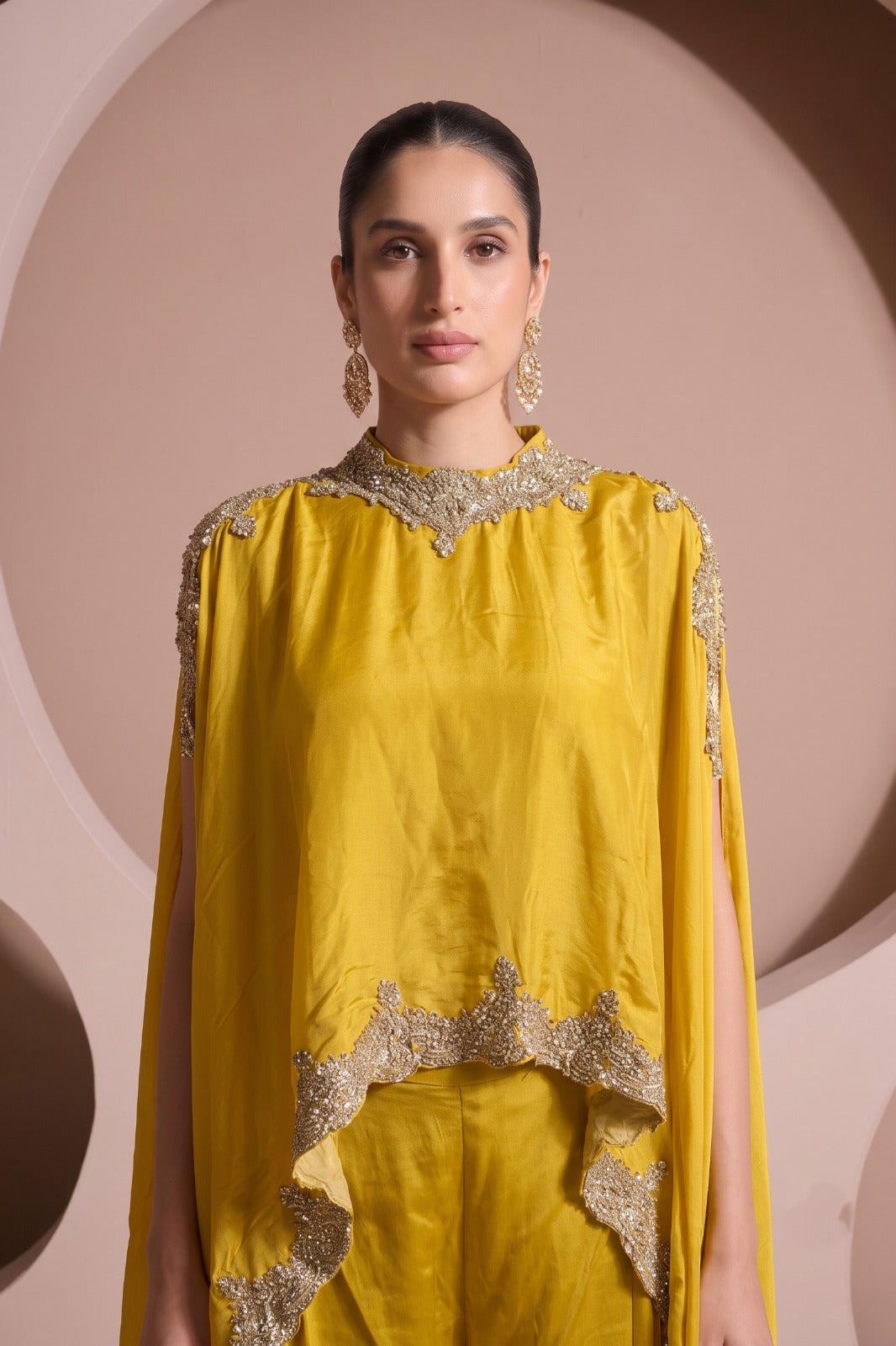 Bright Yellow Embellished Chinon Silk Palazzo Set