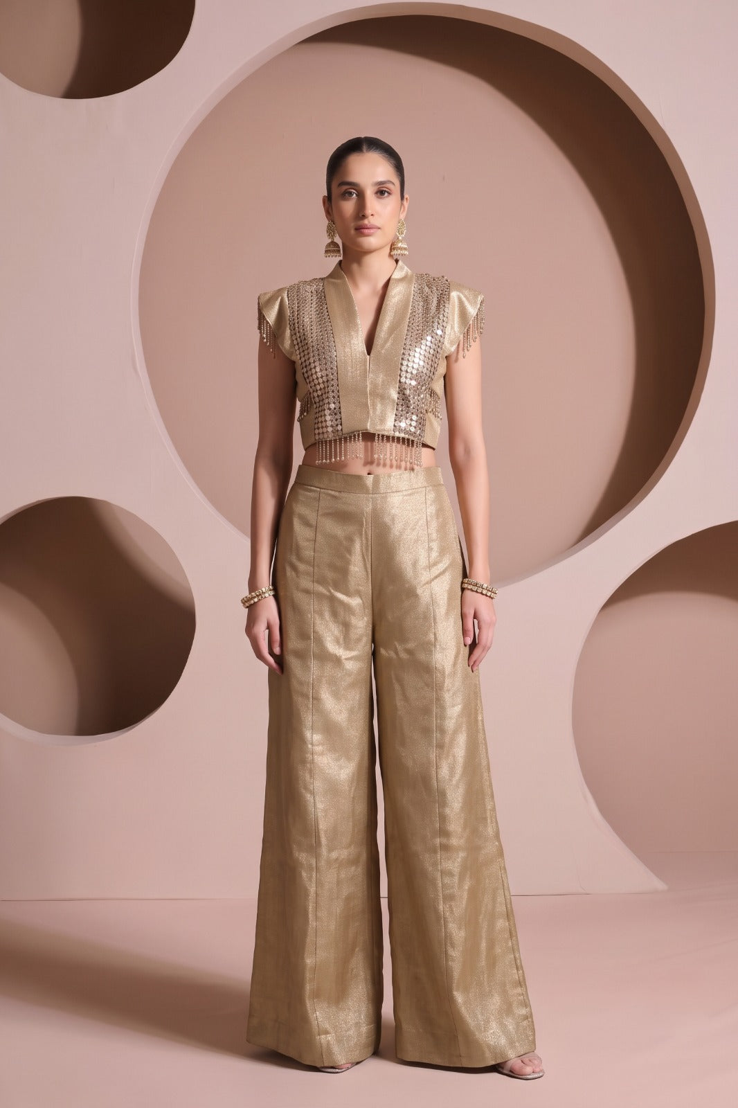 Champagne Gold Embellished Shimmer Silk Palazzo Set