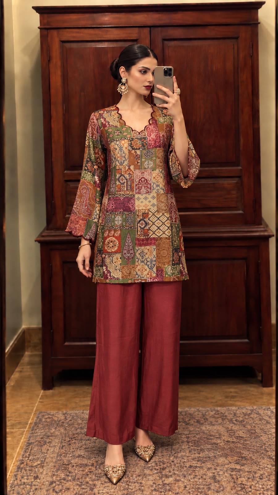 Rich Maroon Printed Muslin Silk Co-ord Set