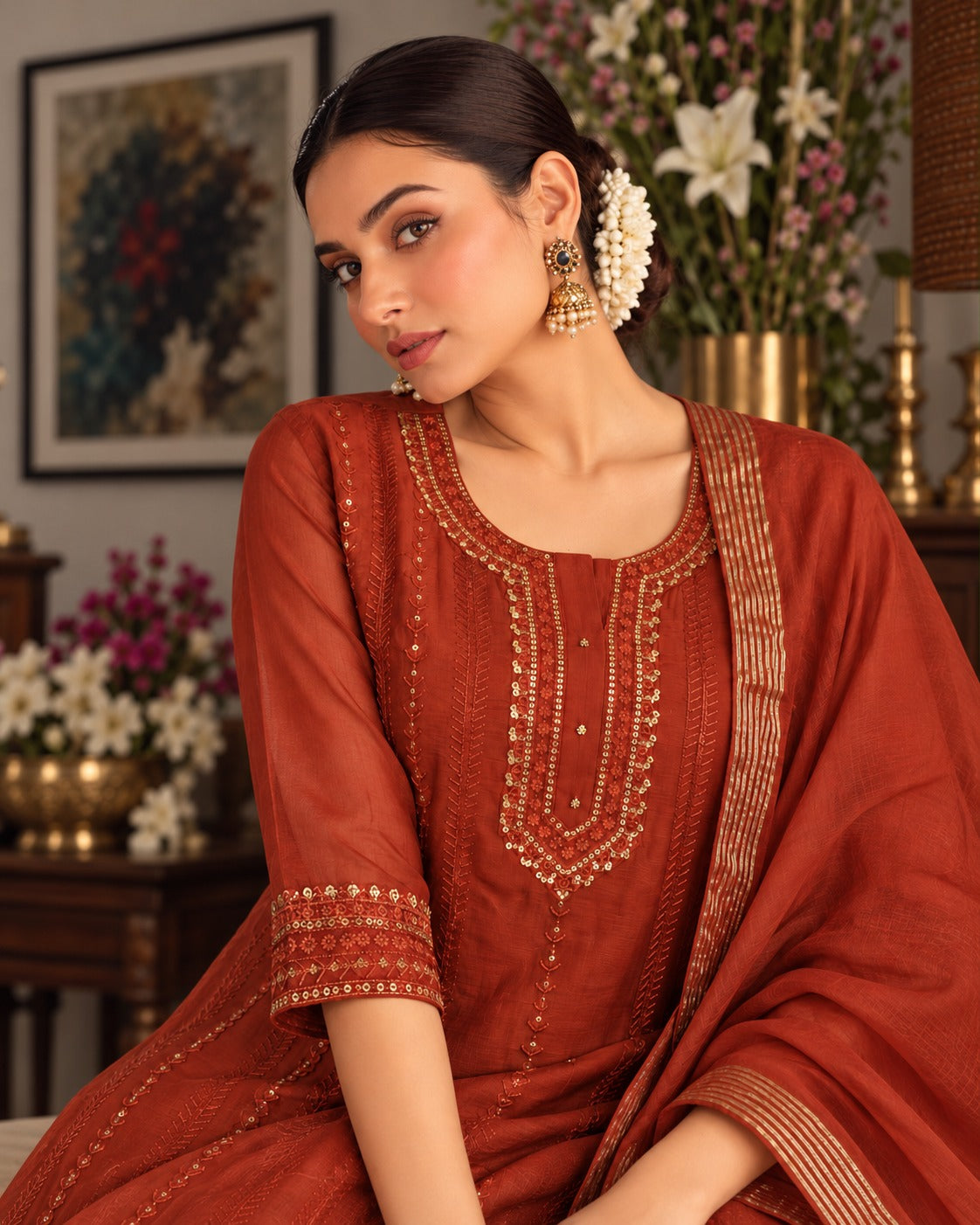 Warm Rust Embellished Mul Chanderi Silk Anarkali Set