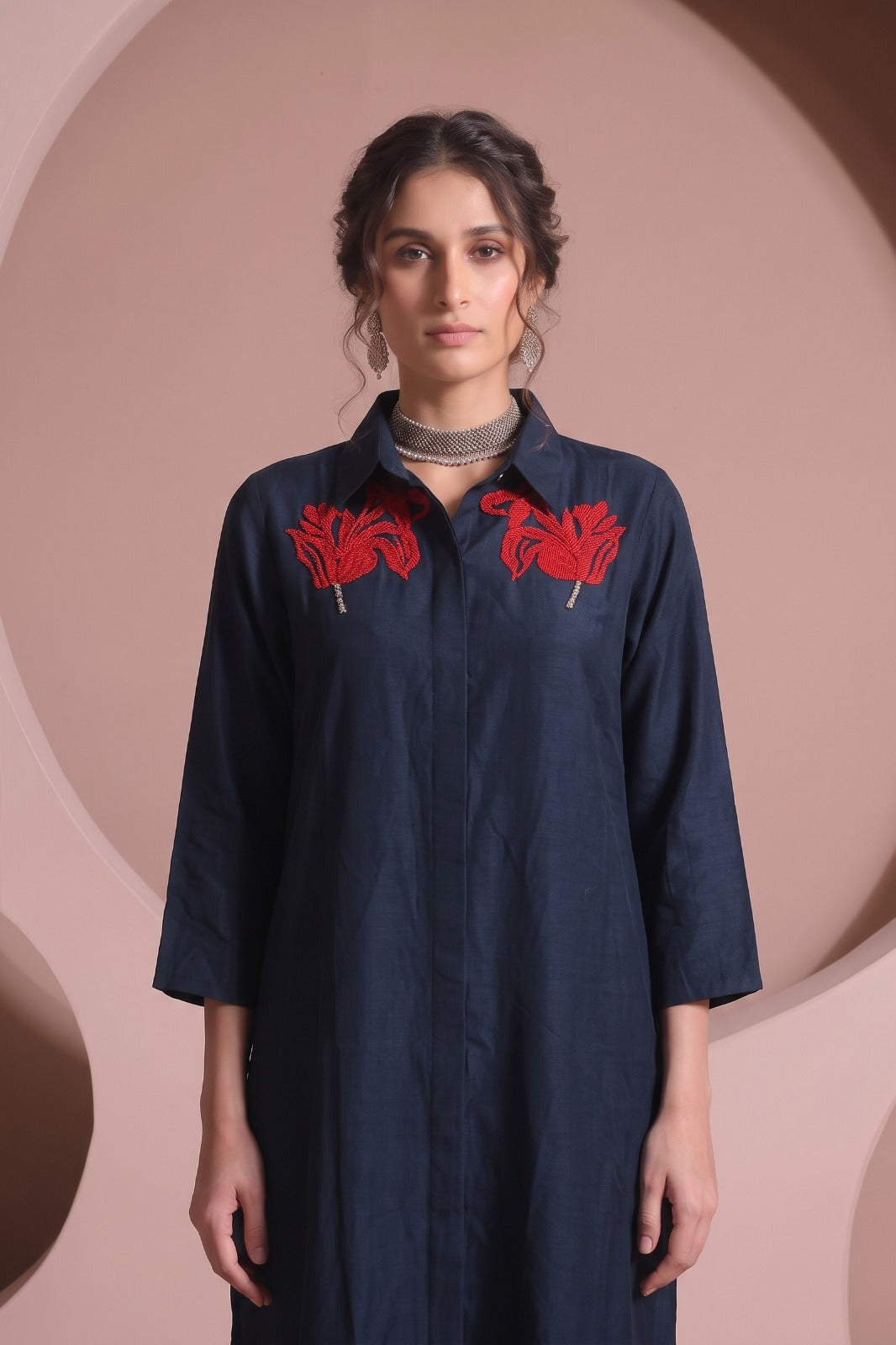 Navy Blue Embellished Raw Silk Pant Set