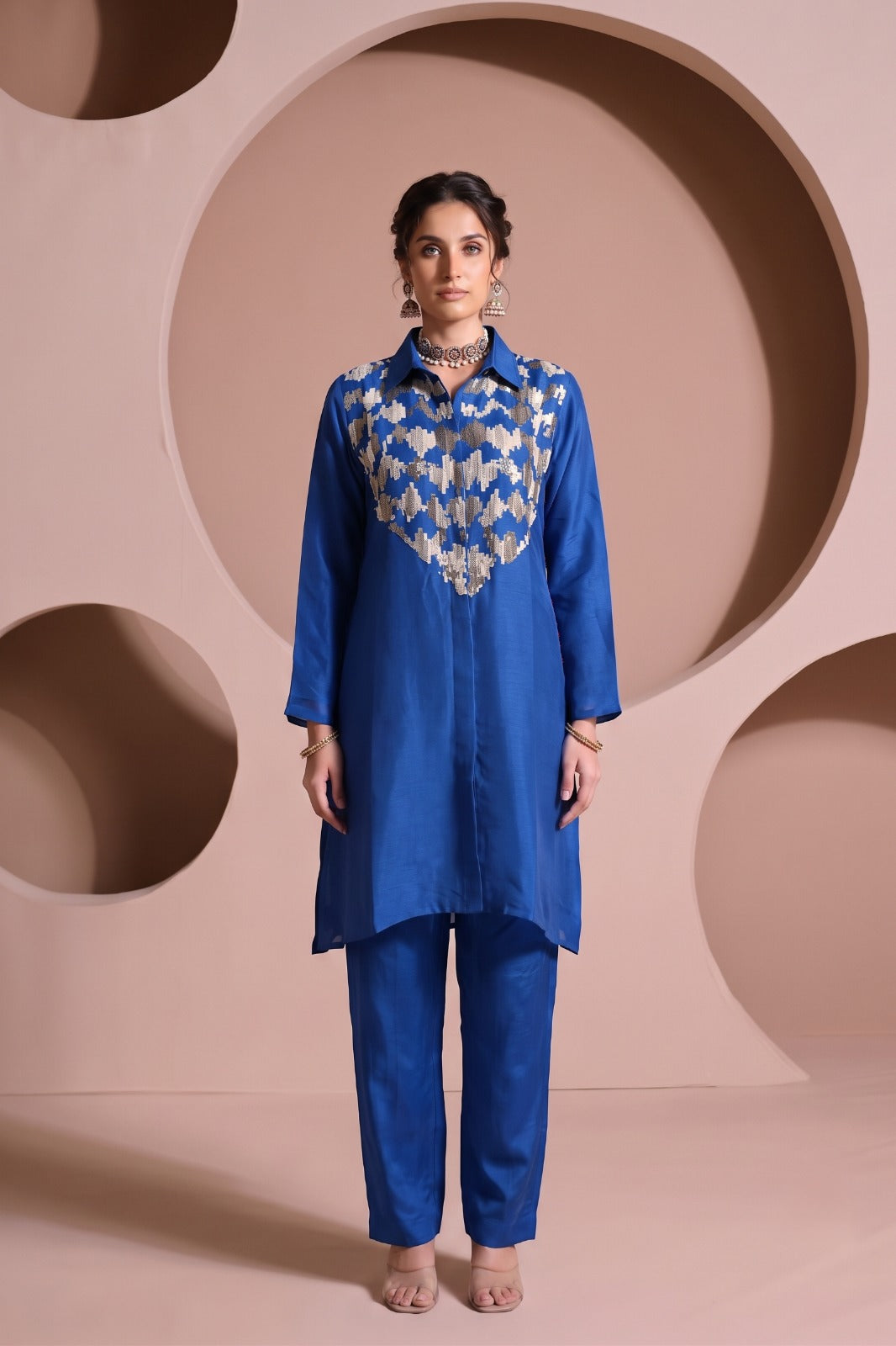 Royal Blue Embellished Raw Silk Pant Set