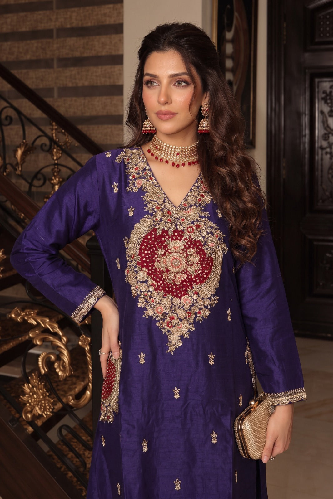 Royal Violet Embellished Raw Silk Pant Set