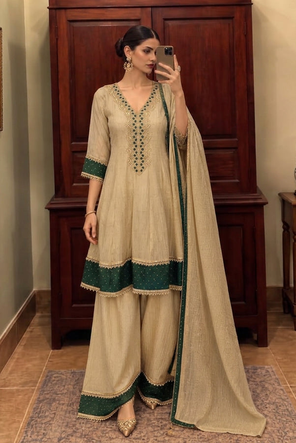 Metallic Beige Gold Embellished Tissue Silk Salwar Set
