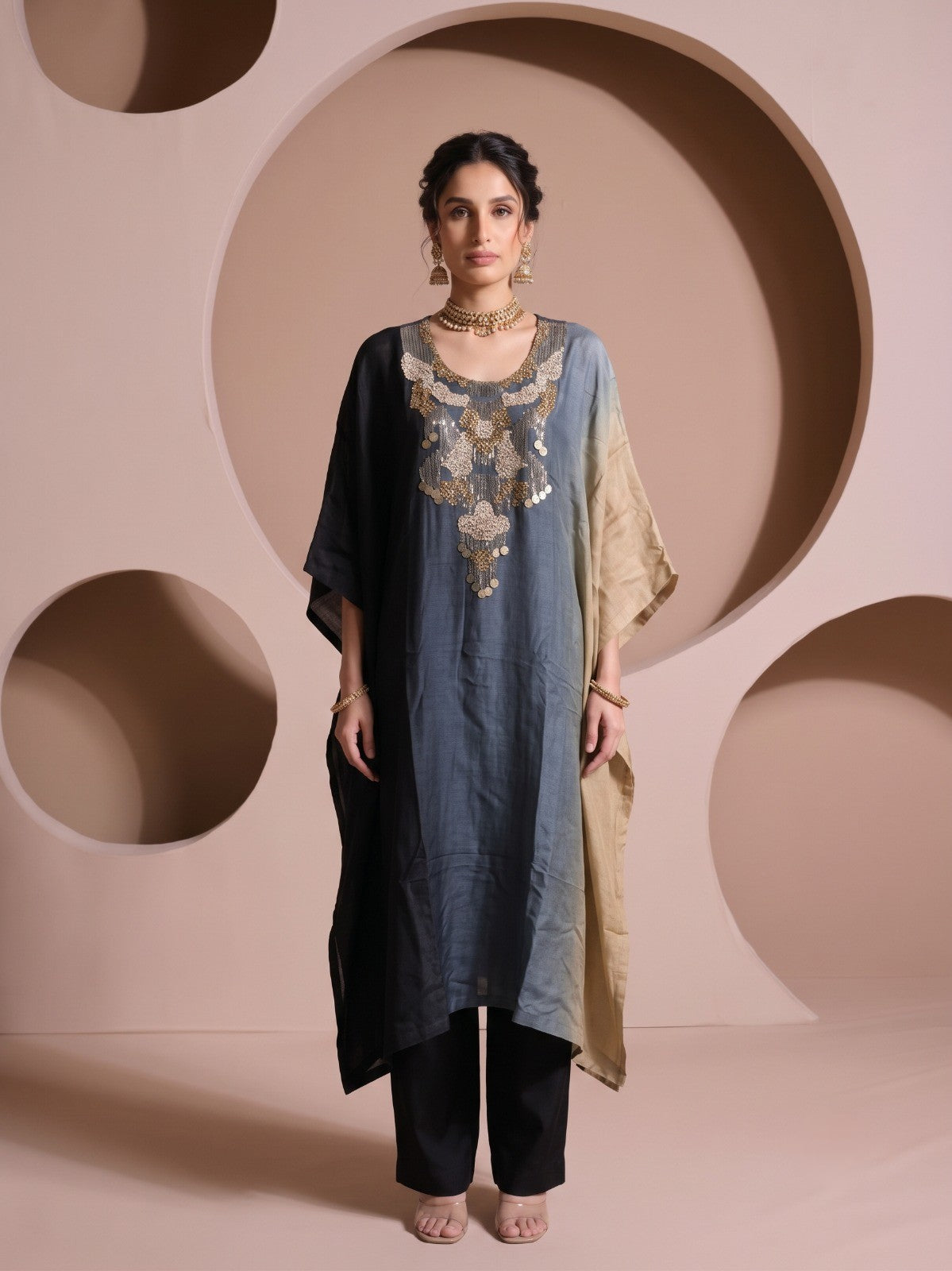 Slate Blue Embellished Raw Silk Kaftan Set