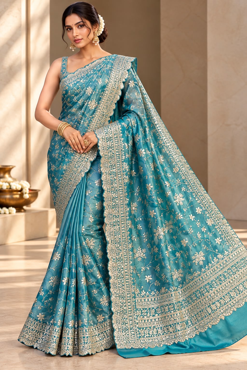 Aqua Blue Embellished Tissue Silk Saree