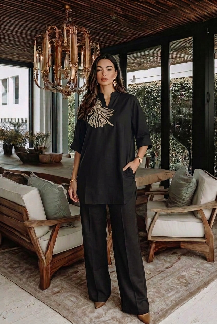 Rich Black Embellished Raw Silk Pant Set