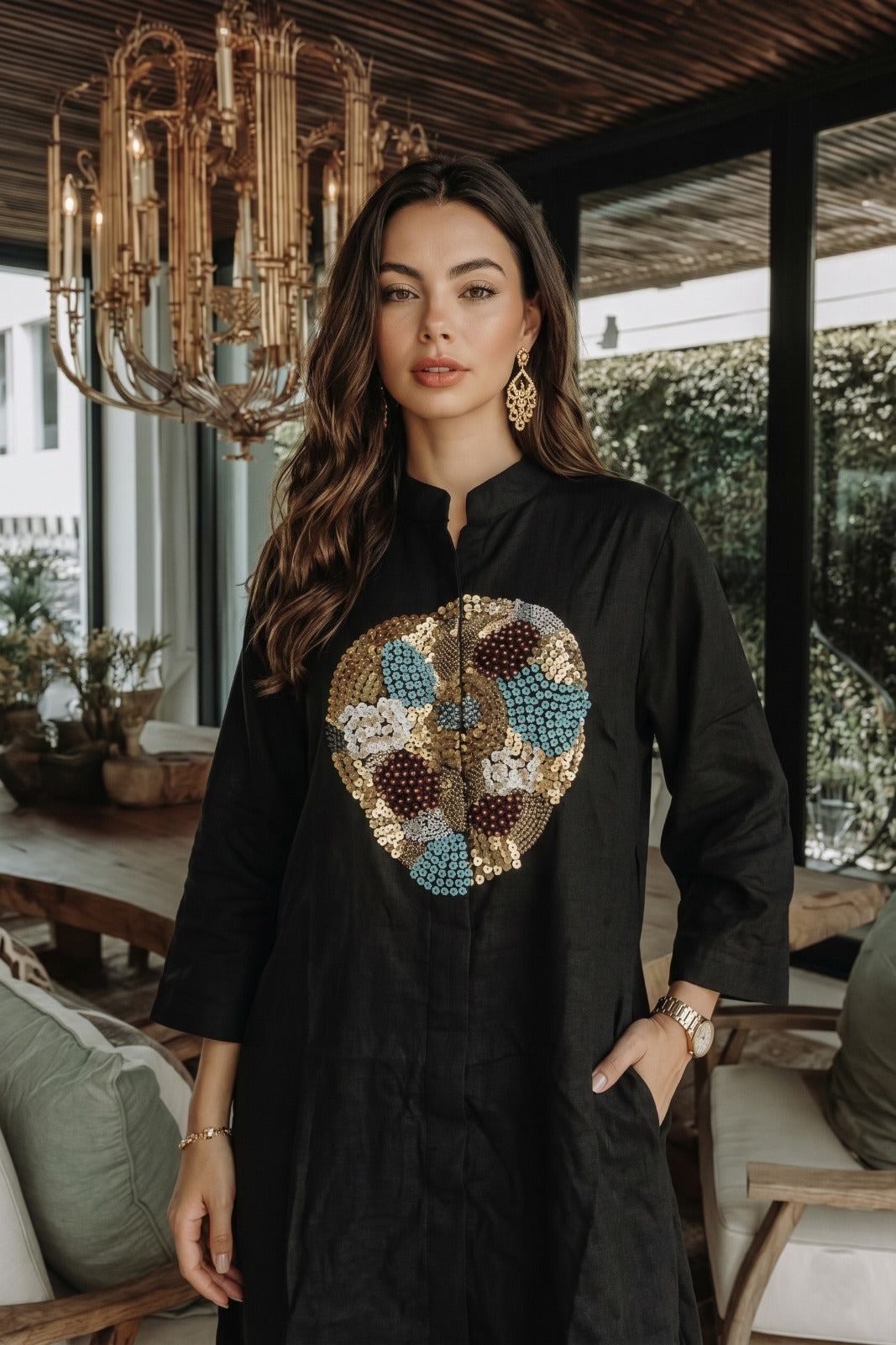 Royal Black Embellished Raw Silk Pant Set