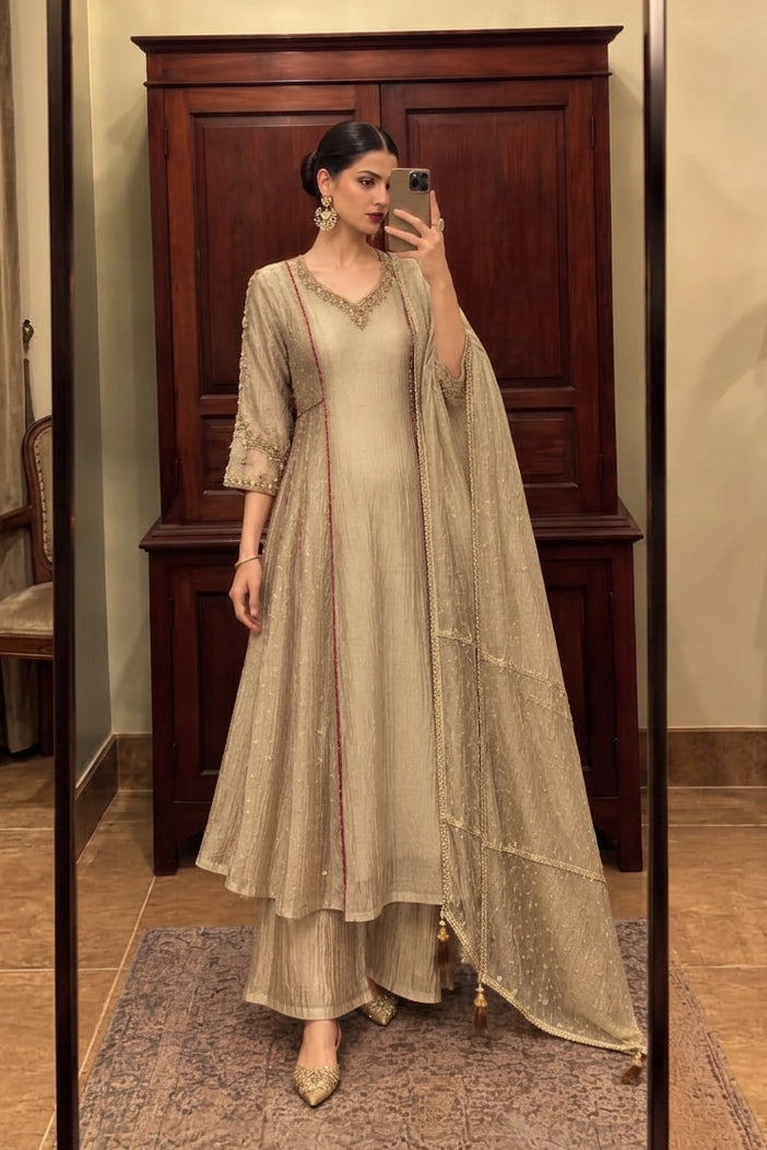 Metallic Beige Embellished Crushed Silk Anarkali Set