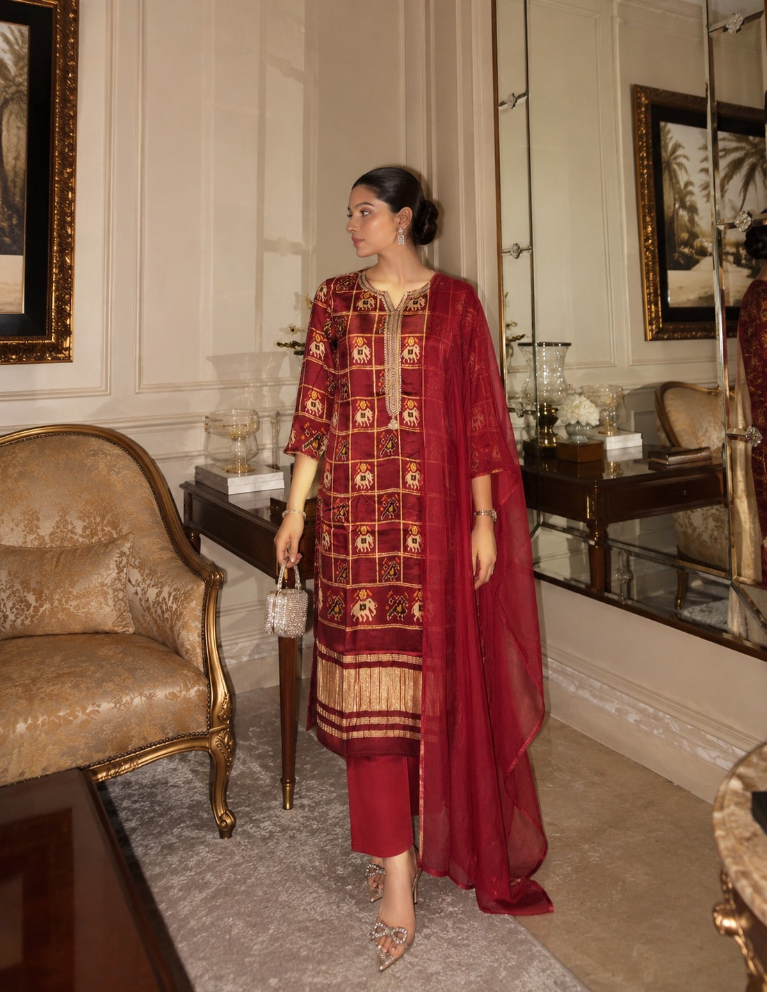 Royal Maroon Embellished Gajji Silk Pant Set