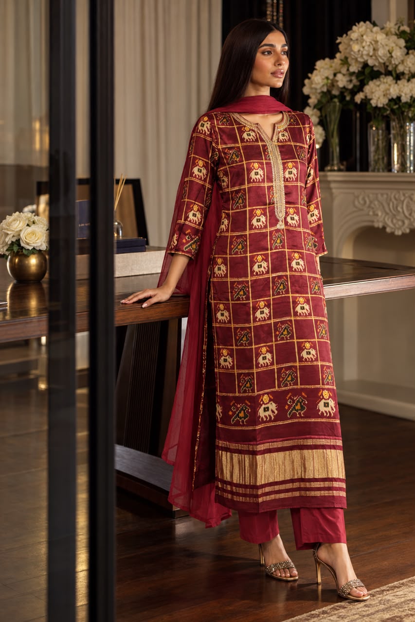 Royal Maroon Embellished Gajji Silk Pant Set