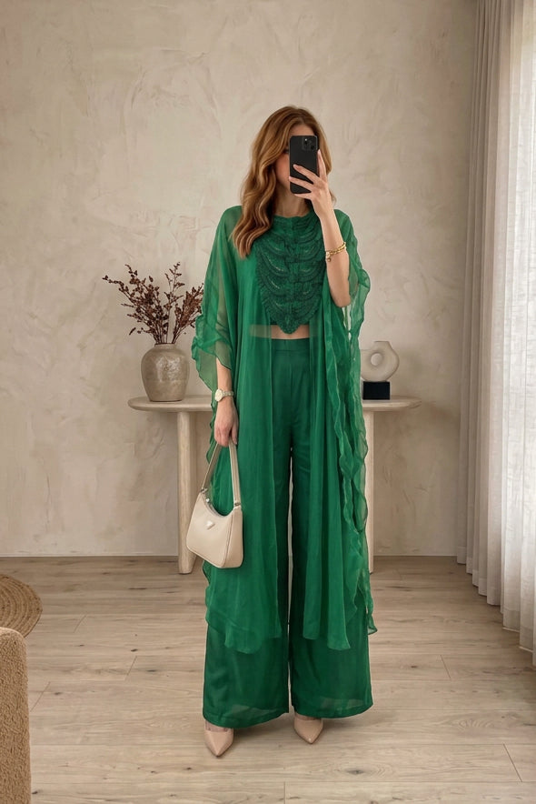 Emerald Green Embellished Organza Silk Kaftan Set