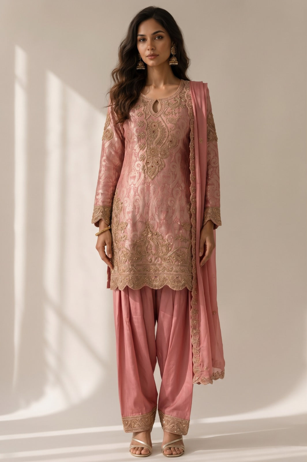 Dusty Rose Pink Embellished Brocade Silk Salwar Set