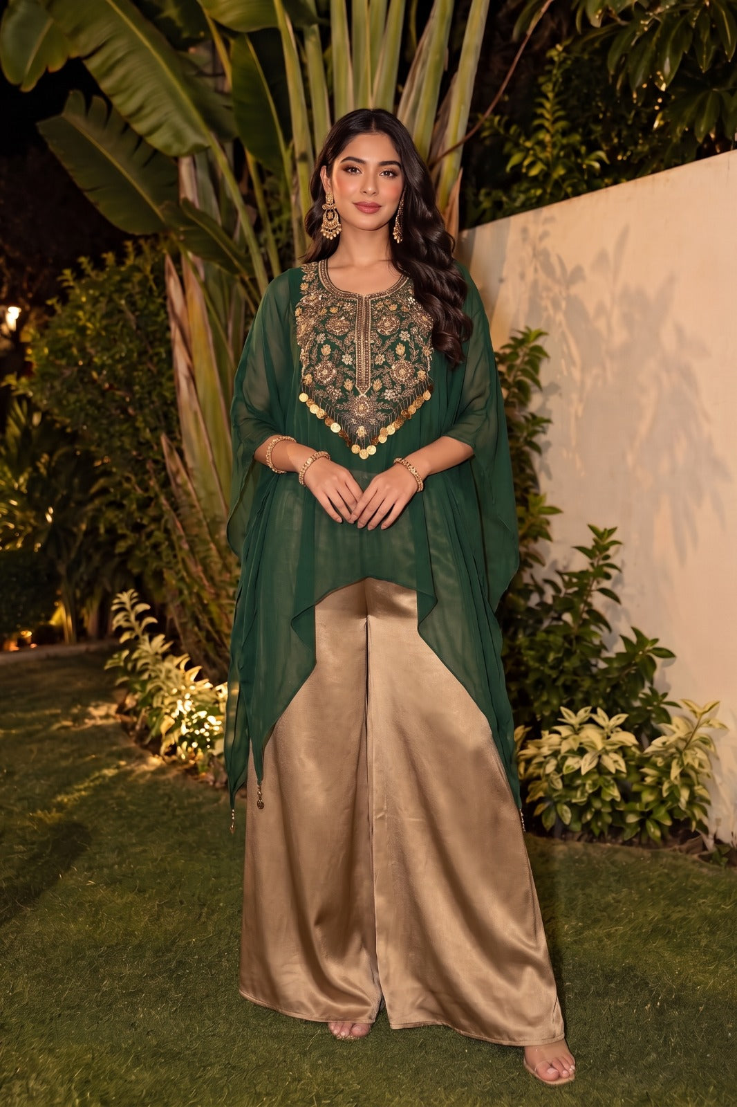 Forest Green Embellished Organza Silk Kaftan Set
