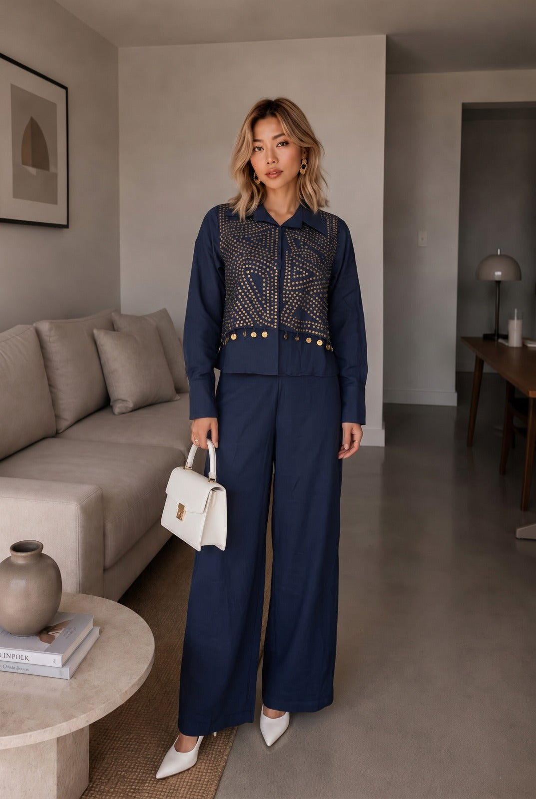 Deep Blue Embellished Gauze Cotton Pant Set