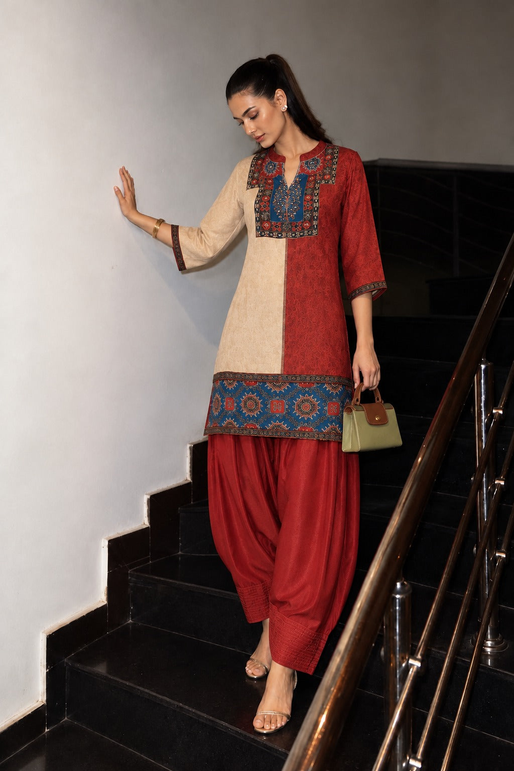 Deep Maroon Printed Crepe Silk Salwar Set