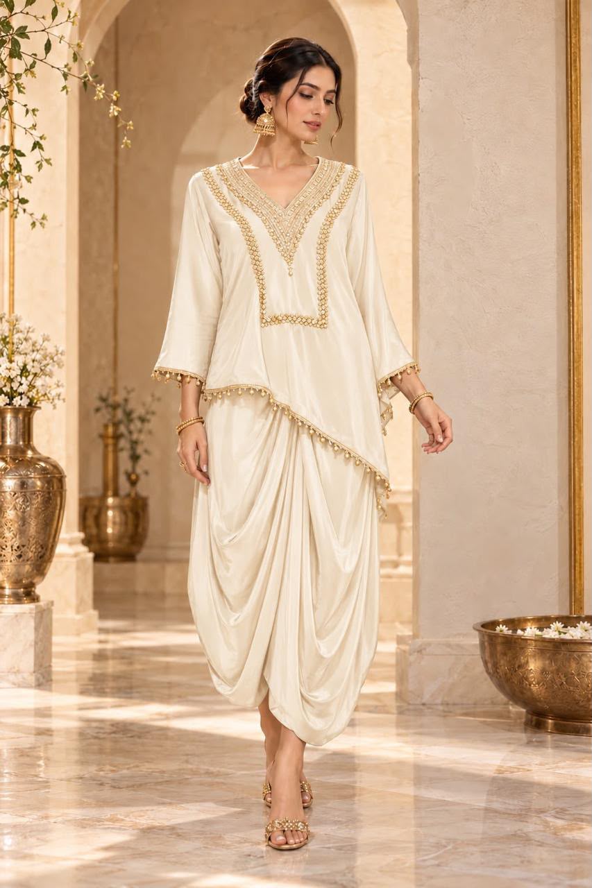 Pearl Ivory Embellished Crepe Silk Skirt Set