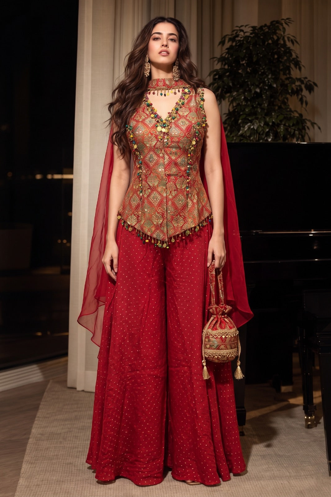 Crimson Red Embellished Crepe Silk Palazzo Set
