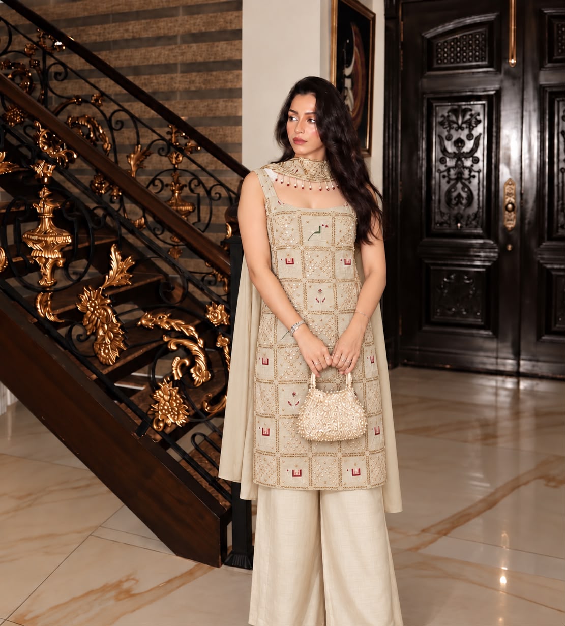 Cream Embellished Crepe Silk Palazzo Set