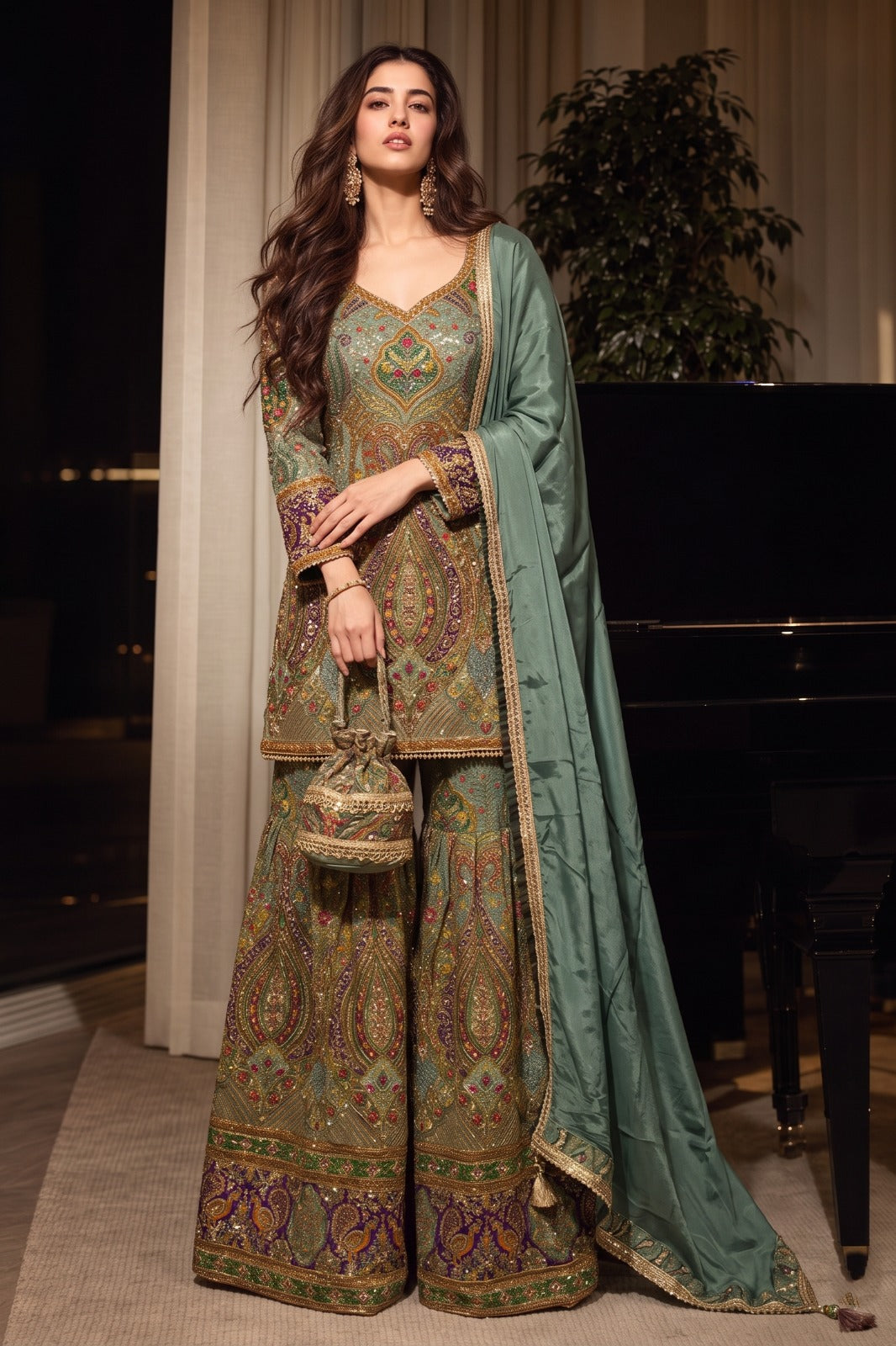 Sage Green Embellished Crepe Silk Palazzo Set