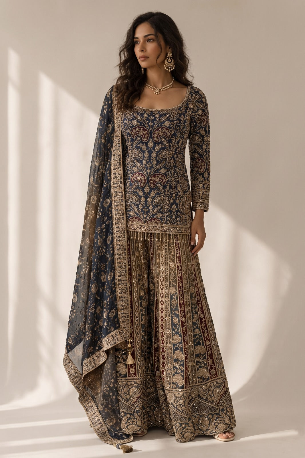 Midnight Navy Blue Embellished Crepe Silk Palazzo Set