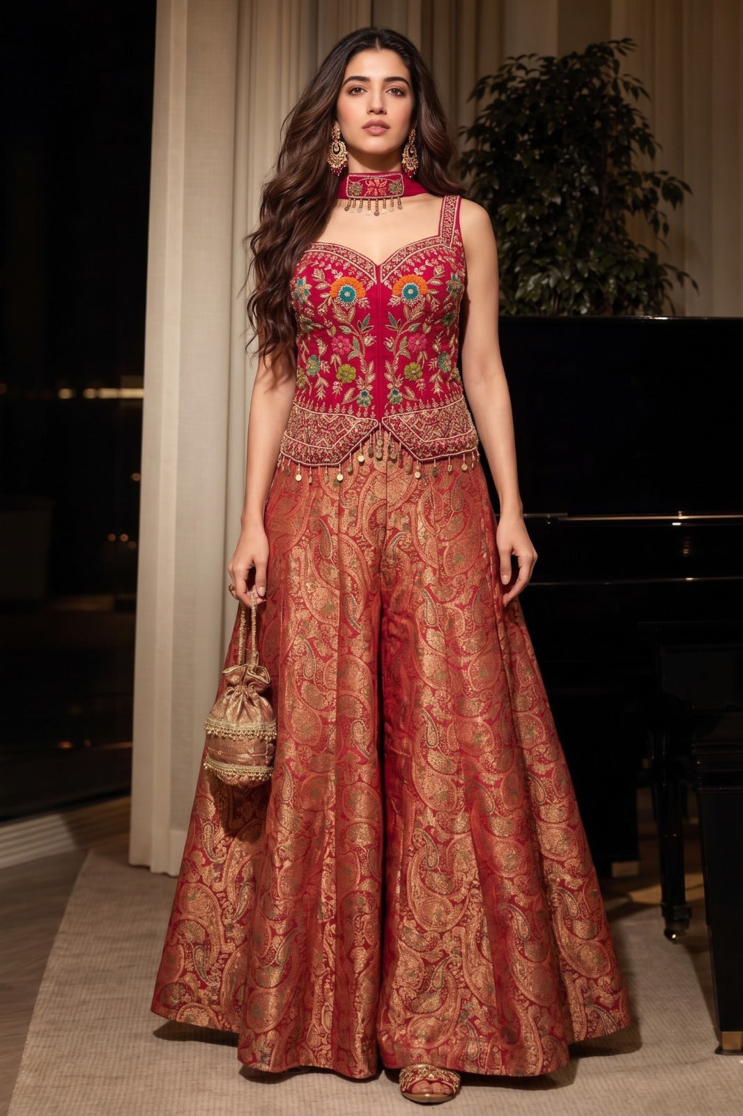 Rani Pink Embellished Dola Silk Palazzo Set