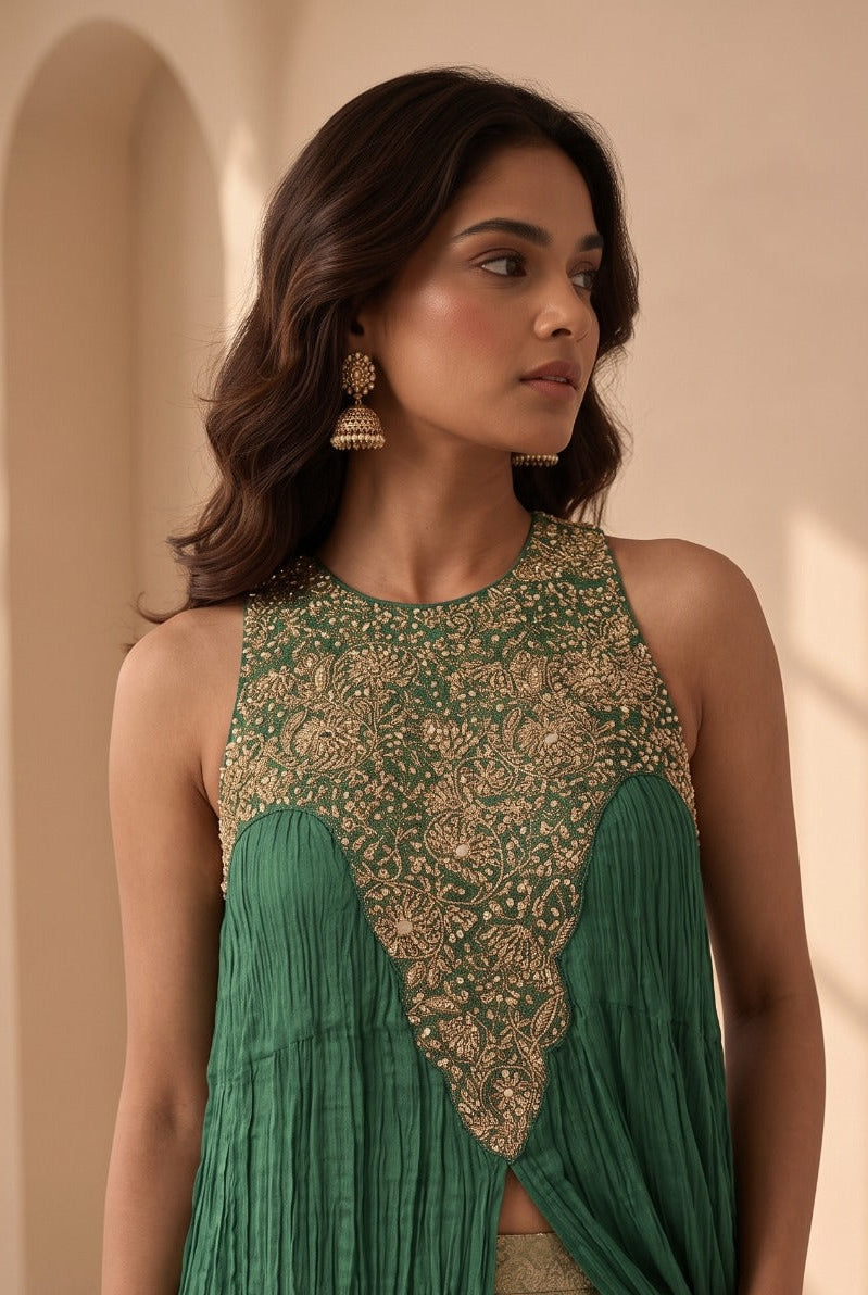 Emerald Green Embellished Chinon Silk Palazzo Set