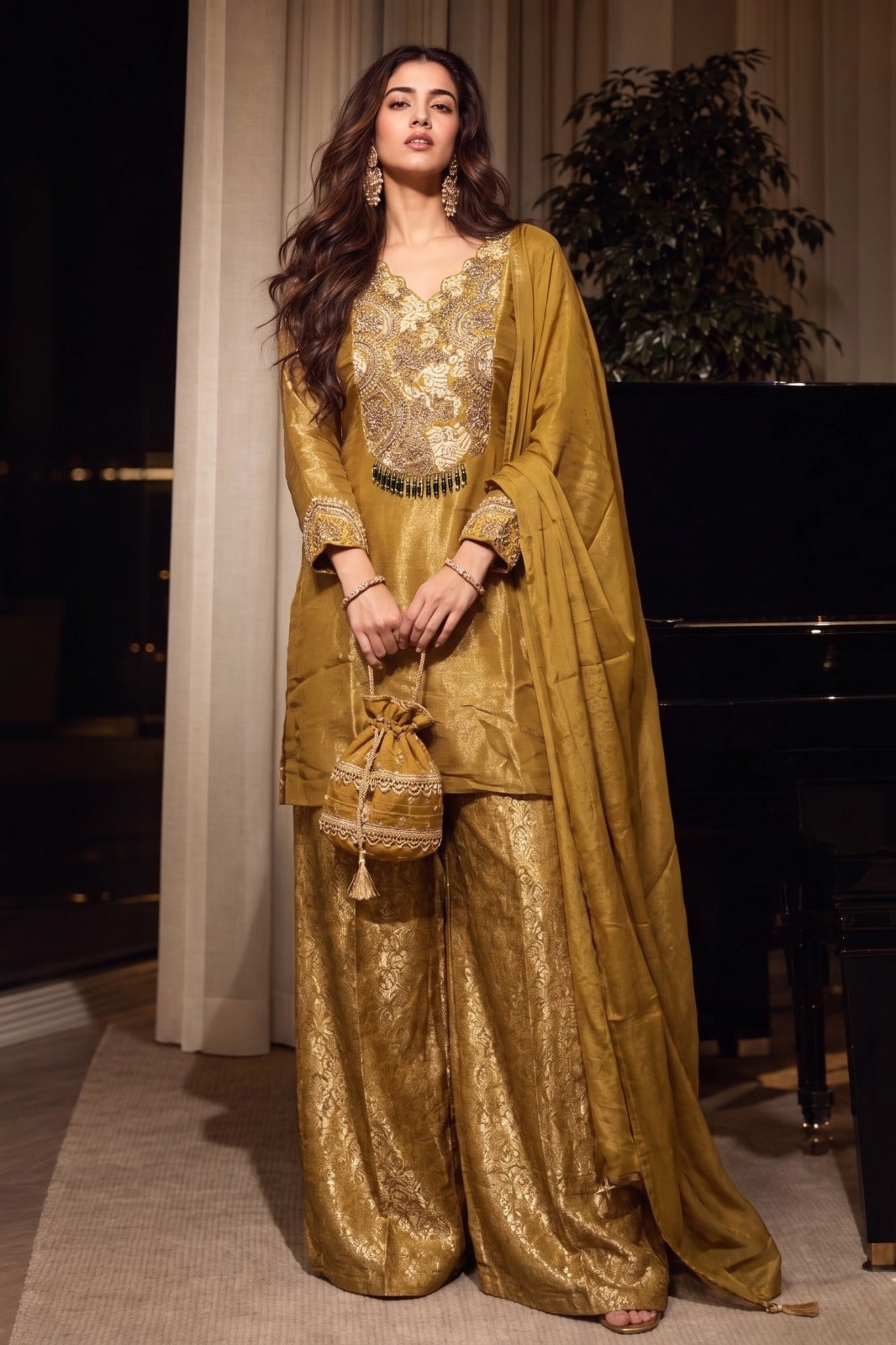 Mustard Yellow Embellished Shimmer Silk Palazzo Set
