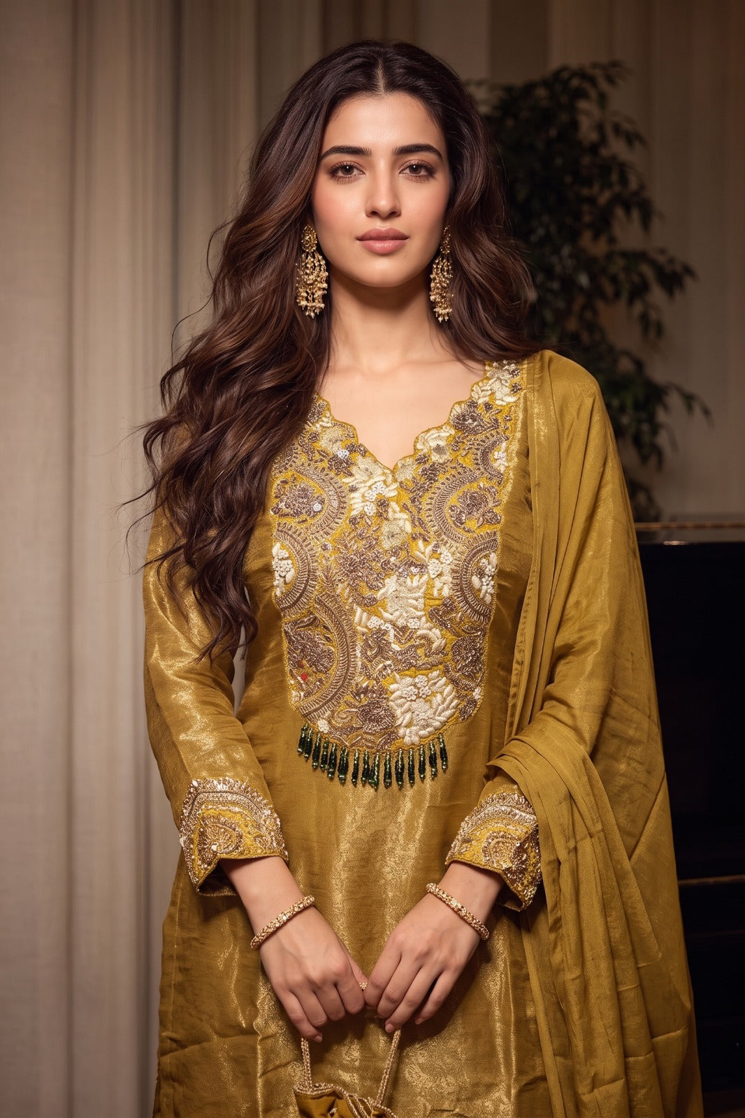 Mustard Yellow Embellished Shimmer Silk Palazzo Set