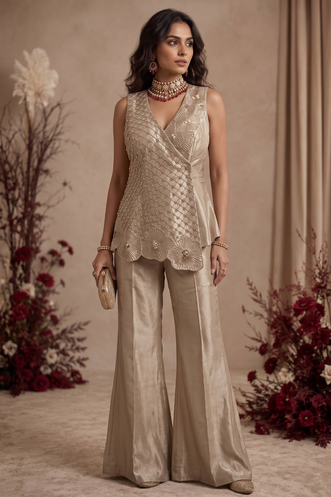 Champagne Gold Embellished Shimmer Silk Co-Rd Set