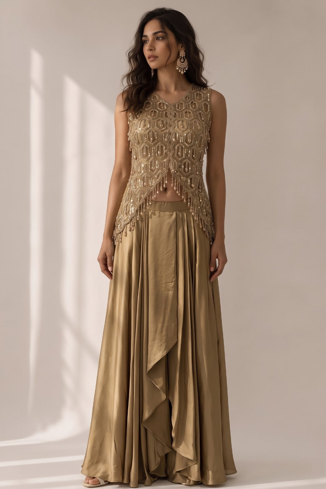 Metallic Bronze Gold Embellished Satin Silk Skirt Set