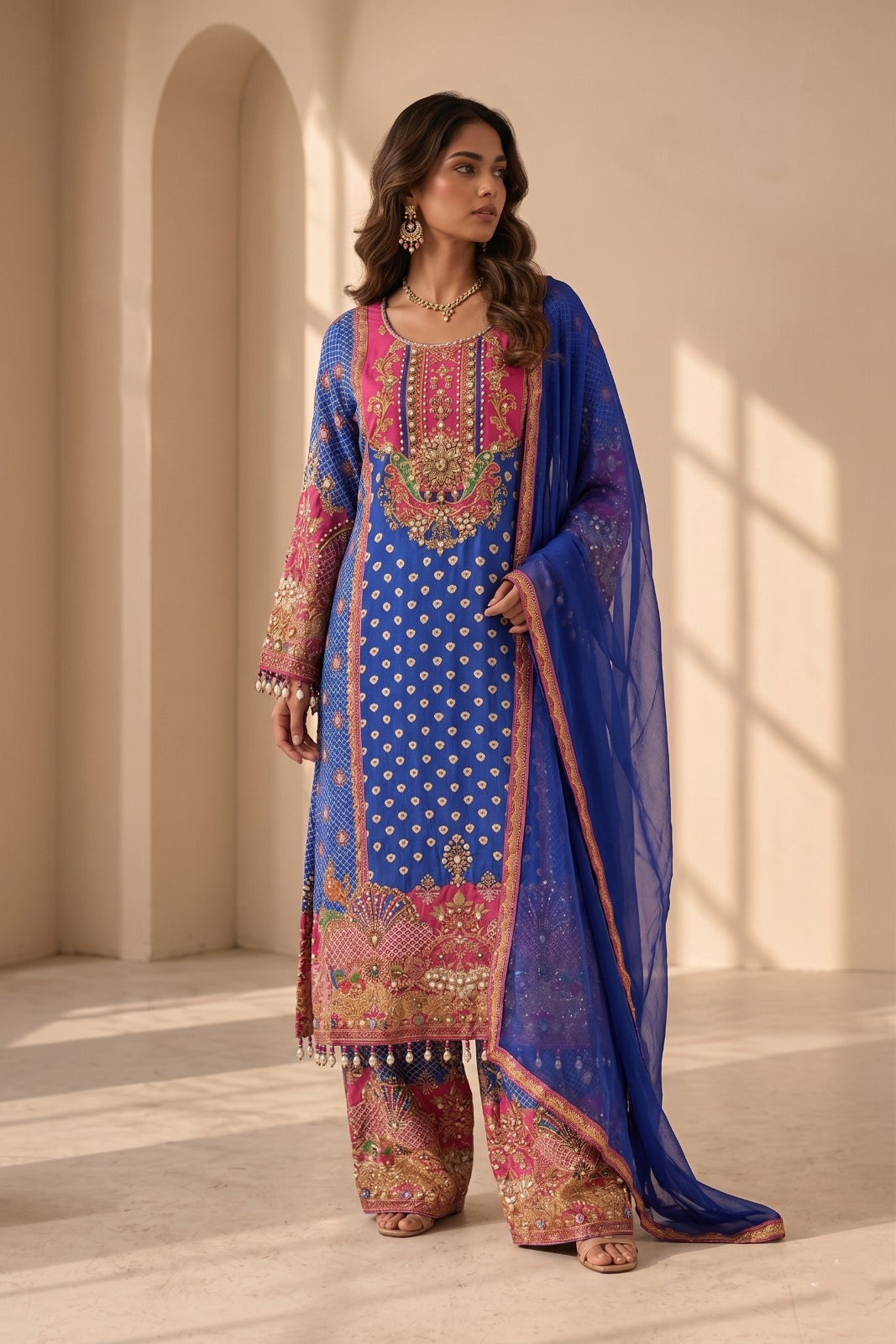 Royal Blue Embellished Crepe Silk Palazzo Set