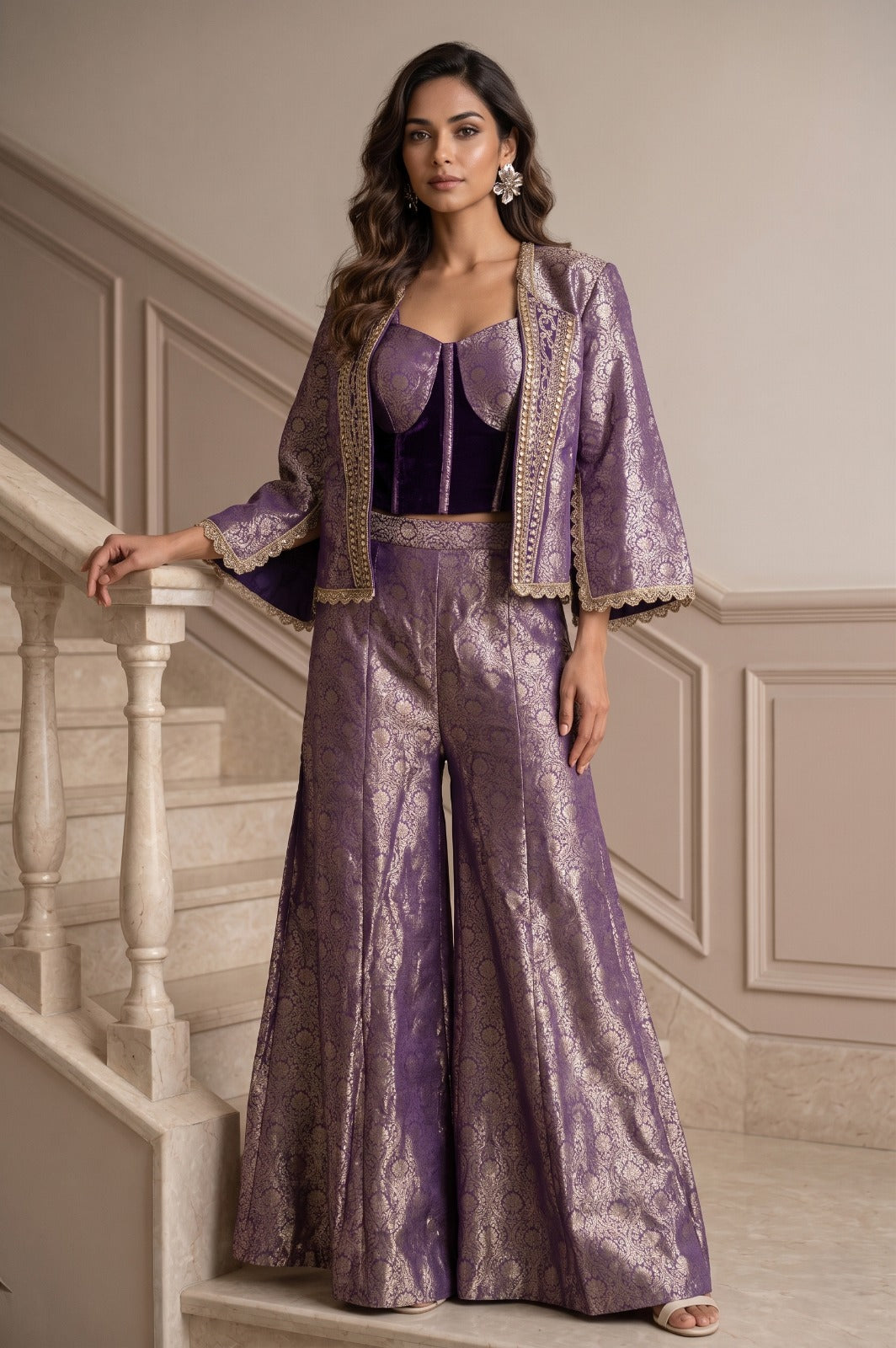 Royal Purple Embellished Jacquard Silk Palazzo Set