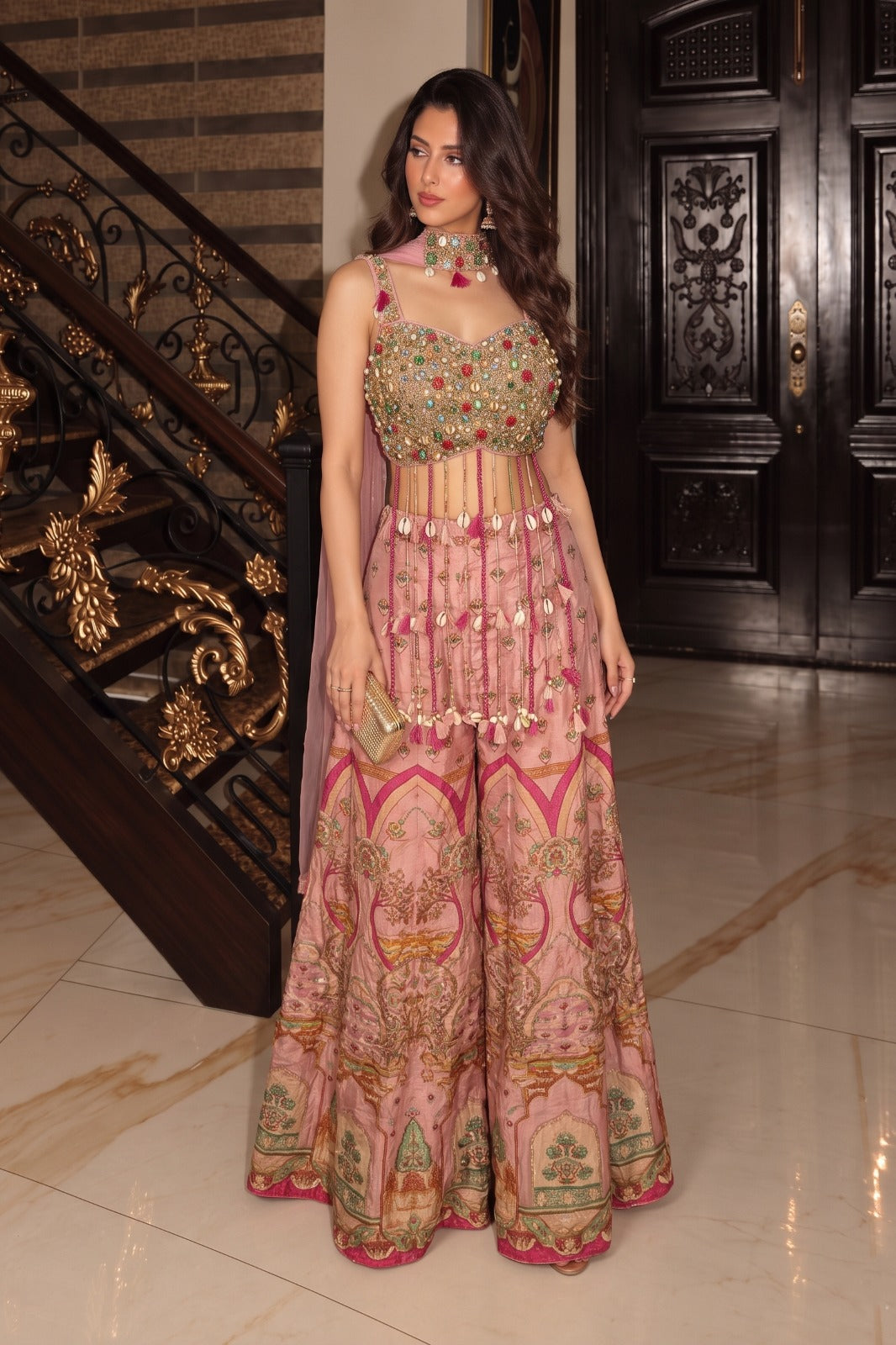 Blush Pink Embellished Crepe Silk Palazzo Set